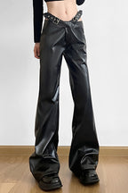 Cutout Buckle Faux Leather Wide Leg Pants