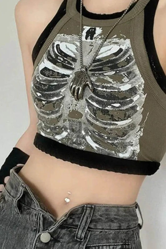 Retro Skeleton Print Sleeveless Army Green Crop Top Secondary image