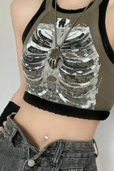 Retro Skeleton Print Sleeveless Army Green Crop Top