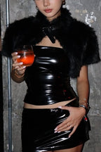 Glossy Strapless Fluffy Cape Skirt Sets