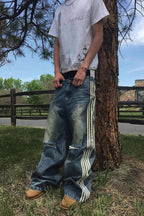 Striped Side Panel Distressed Wide Leg Jeans