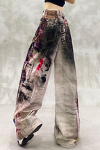 Retro Graffiti Print Denim Wide Leg Floor Pants