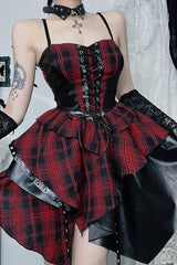 Dark AltGoth Plaid Pu Patchwork Corset Spaghetti Strap Mini Dress