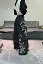 Floral Vine Embroidered Wide Leg Jeans