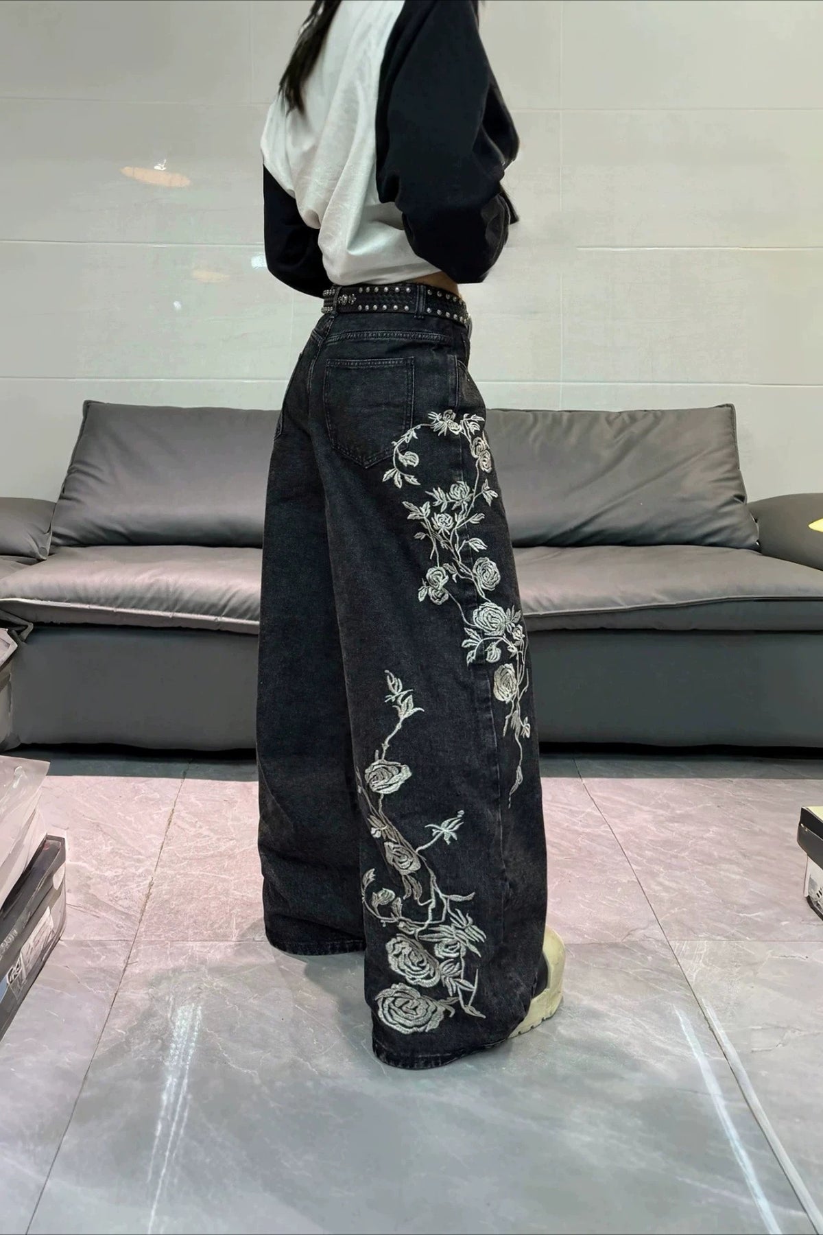 Floral Vine Embroidered Wide Leg Jeans