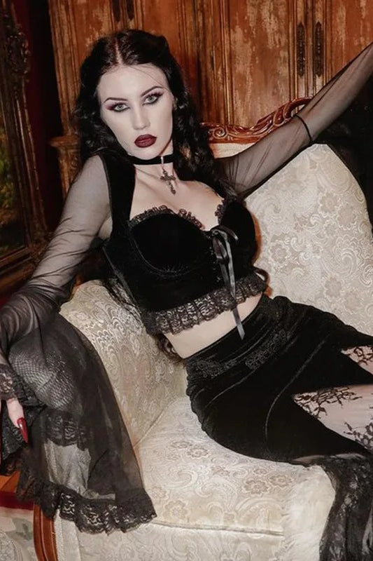 Vintage Black Lace-up Flared Sleeve Crop T-shirt Main image