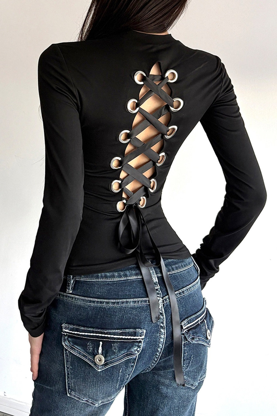 Eyelet Lace Up Back Crop Tops