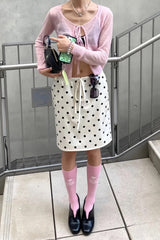 Drawstring Polka Dot Satin Midi Skirt