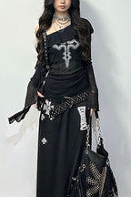 Retro Cross Dark Y2K Off Shoulder T-shirt