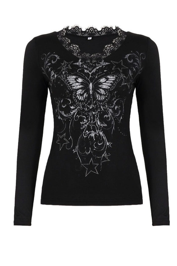Butterfly Print Lace Neck Crop Tops