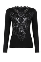Butterfly Print Lace Neck Crop Tops