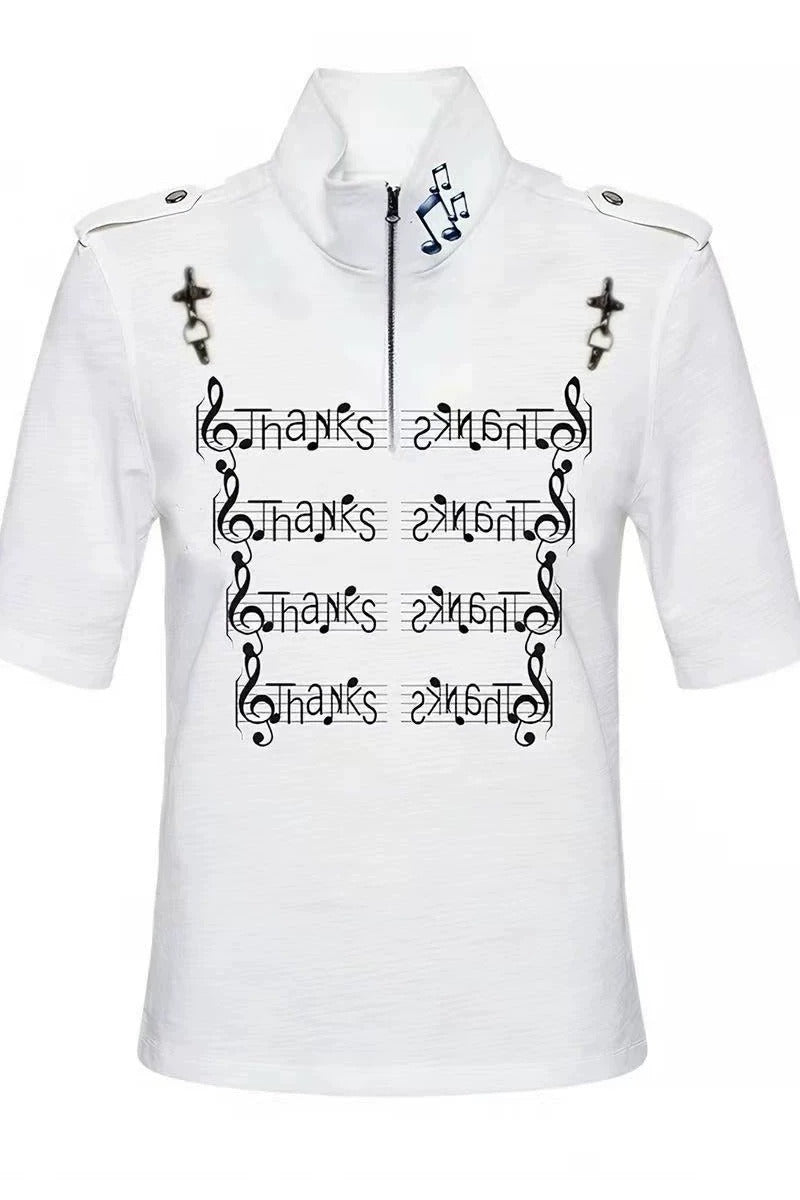Note Printed Slim Stand Collar T-shirt
