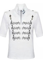 Note Printed Slim Stand Collar T-shirt