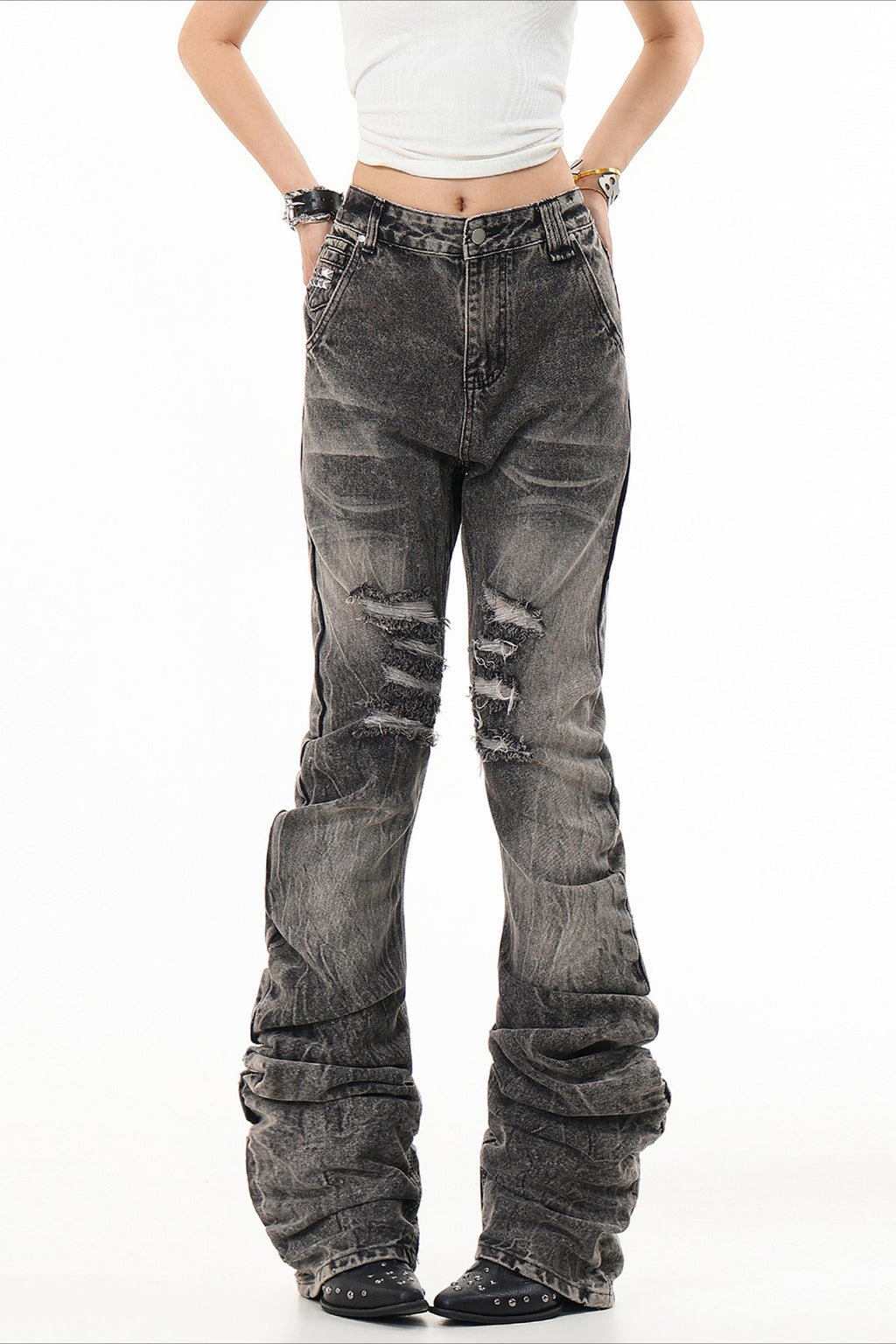 Distressed Stacked Flare Jeans