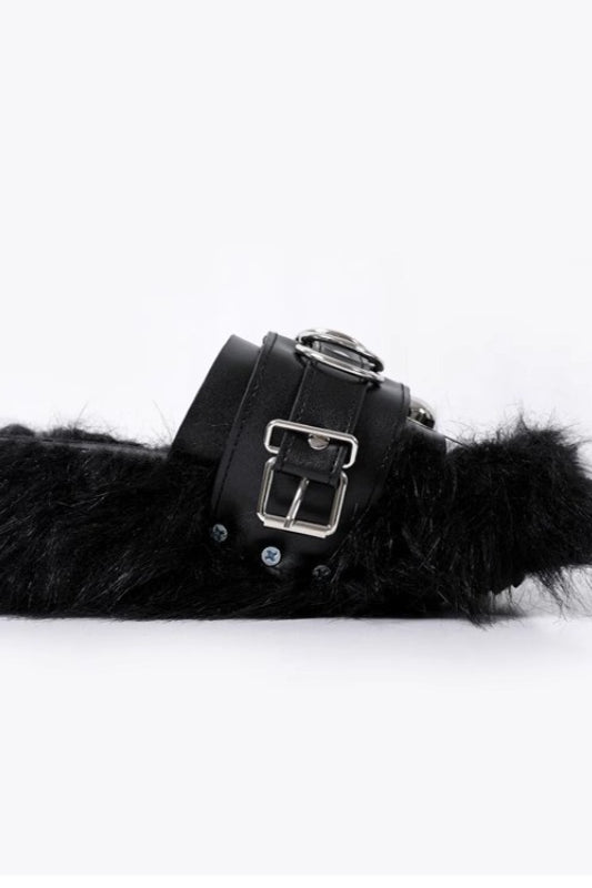 Faux-Fur Buckle Platform Slides