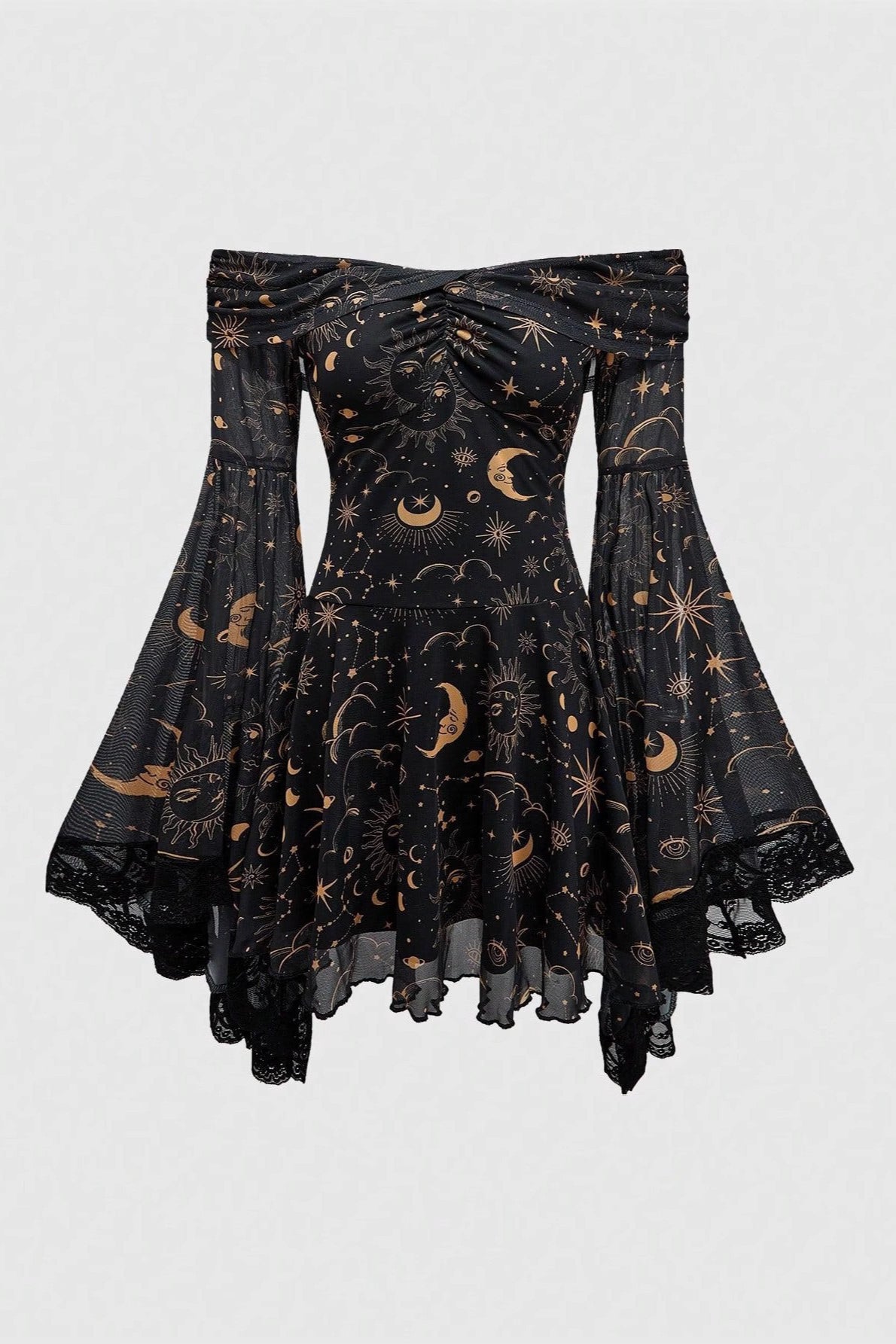 Gothic Star Moon Mesh Flare Sleeve Mini Dress Main image