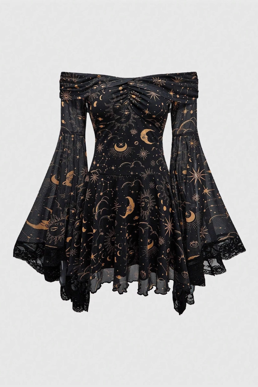 Gothic Star Moon Mesh Flare Sleeve Mini Dress