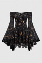 Gothic Star Moon Mesh Flare Sleeve Mini Dress