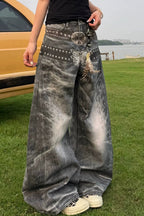 Western Print Double-Belt Barrel Jeans