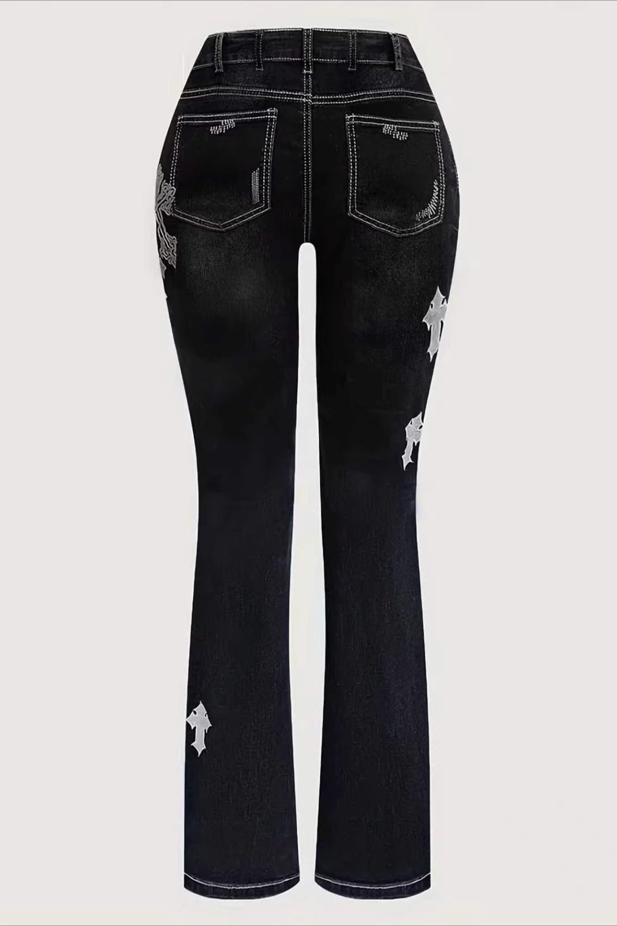 Cross Print Washed Flare Jeans
