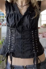 Vintage Black Aesthetic Button Crop Top