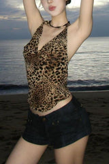 Y2K Leopard Print Mesh Halter Crop Top