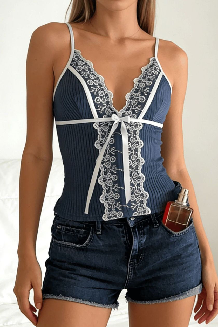 Lace Front Tie Ribbed Tank Top Main image