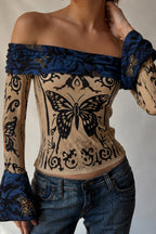 Butterfly Foldover Flared Sleeve Crop Tops