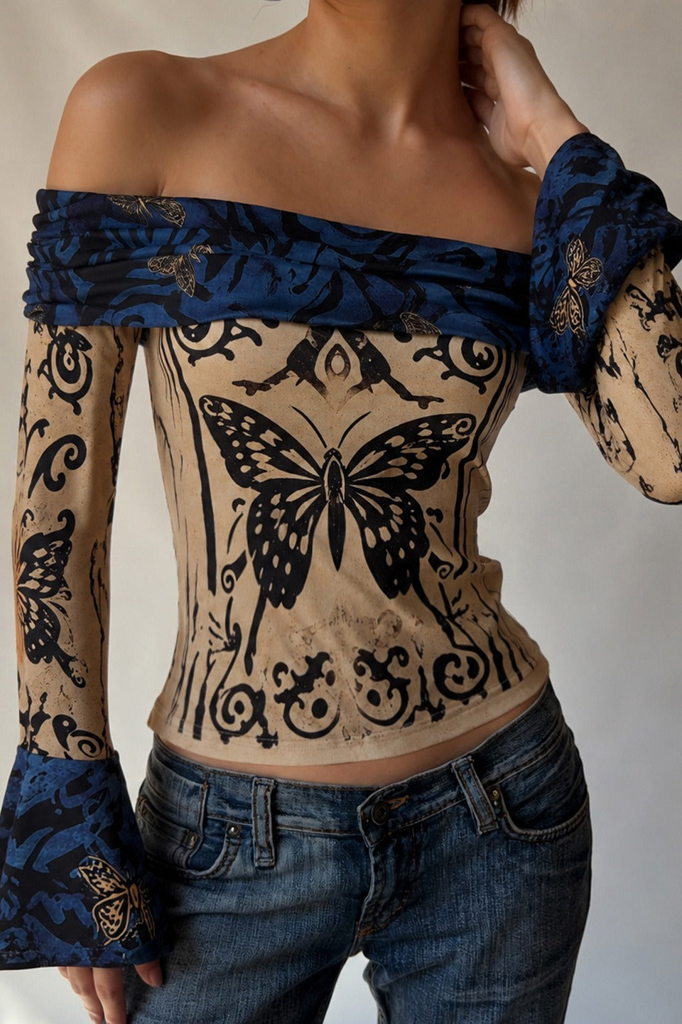 Butterfly Foldover Flared Sleeve Crop Tops