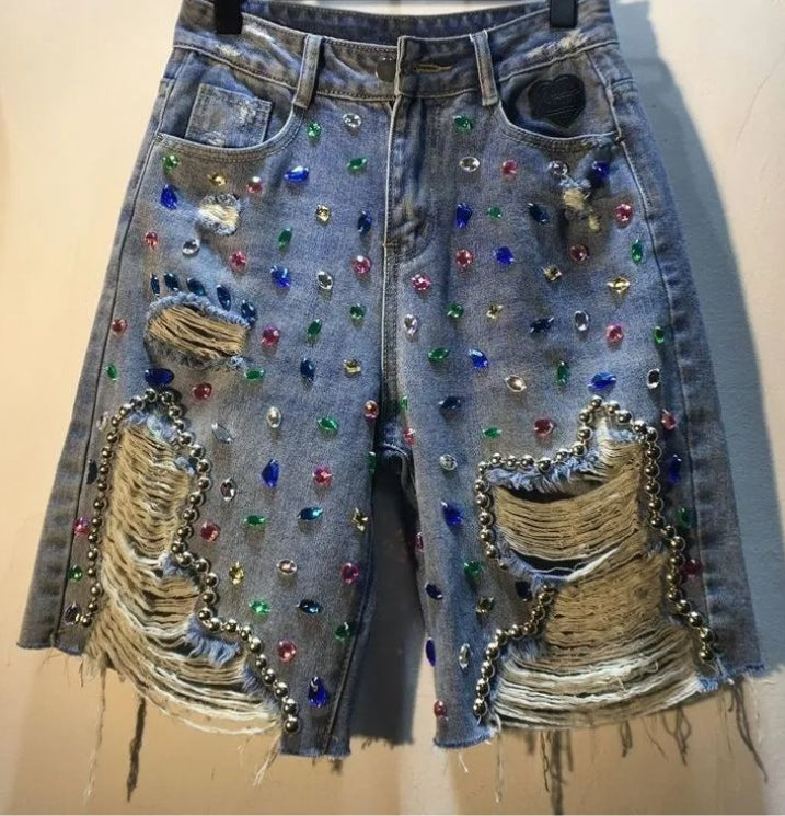 Rhinestone Detail Distressed Denim Shorts Main image