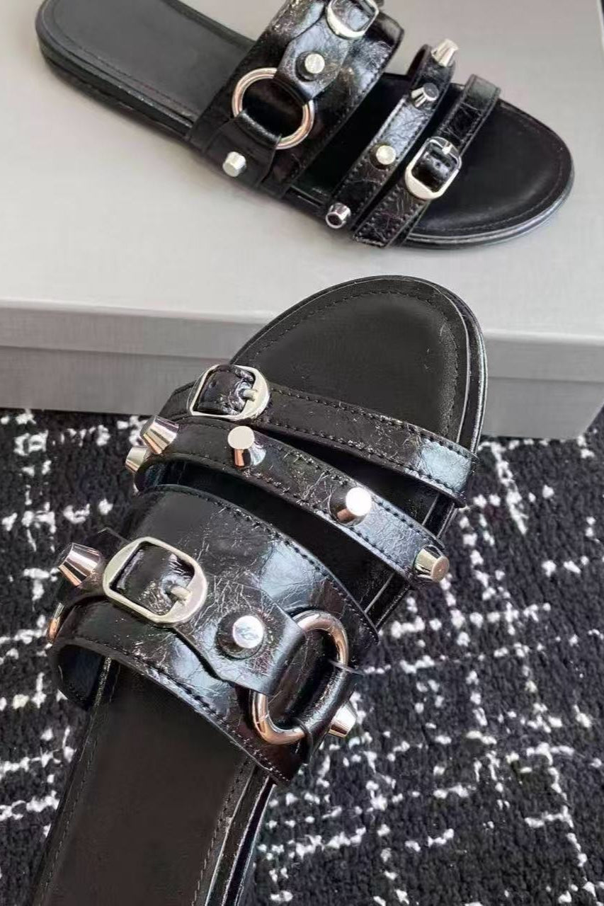 Multi-Buckle Studded Flat Slides