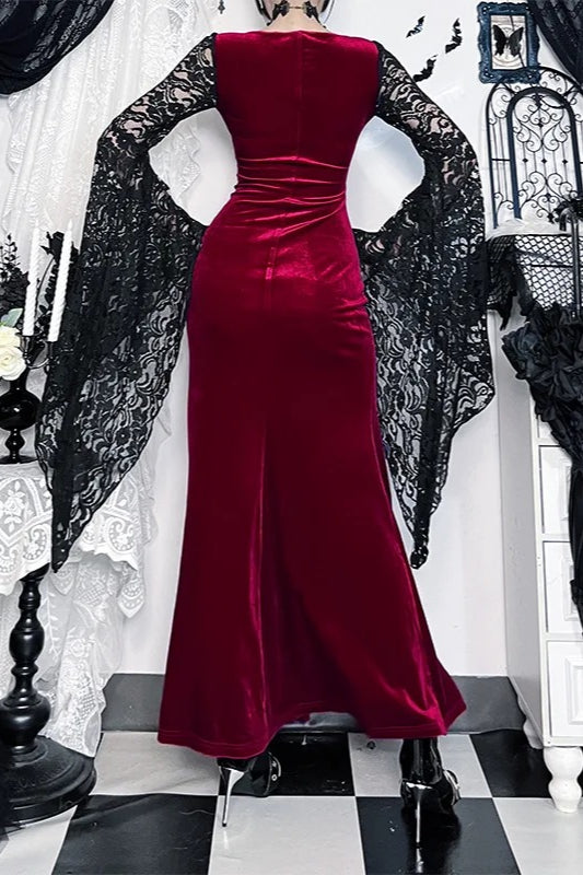 Goth Dark Lace Patchwork Velvet Flare Sleeve Maxi Dress