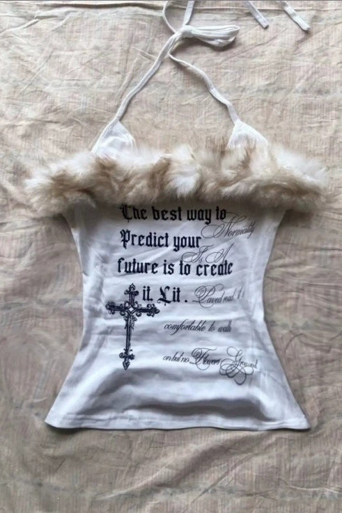 Plush Trim Letter Halter Tank Top