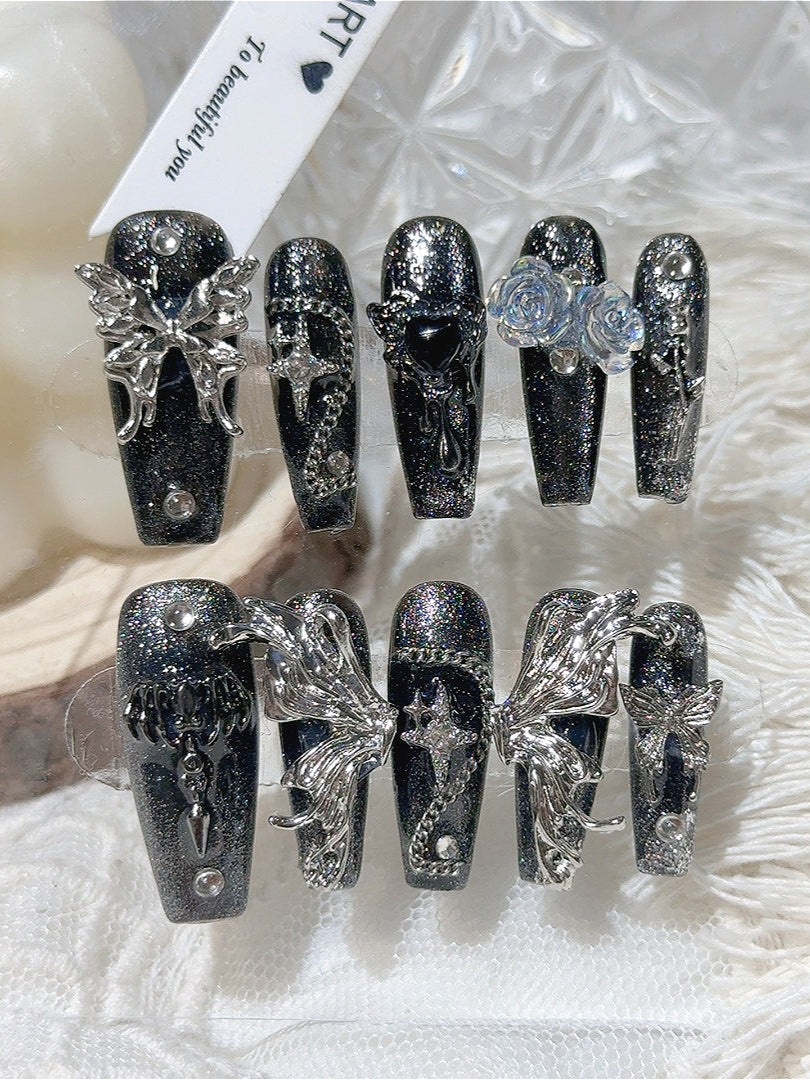 Dark Gothic Style Glitter Press On Nails