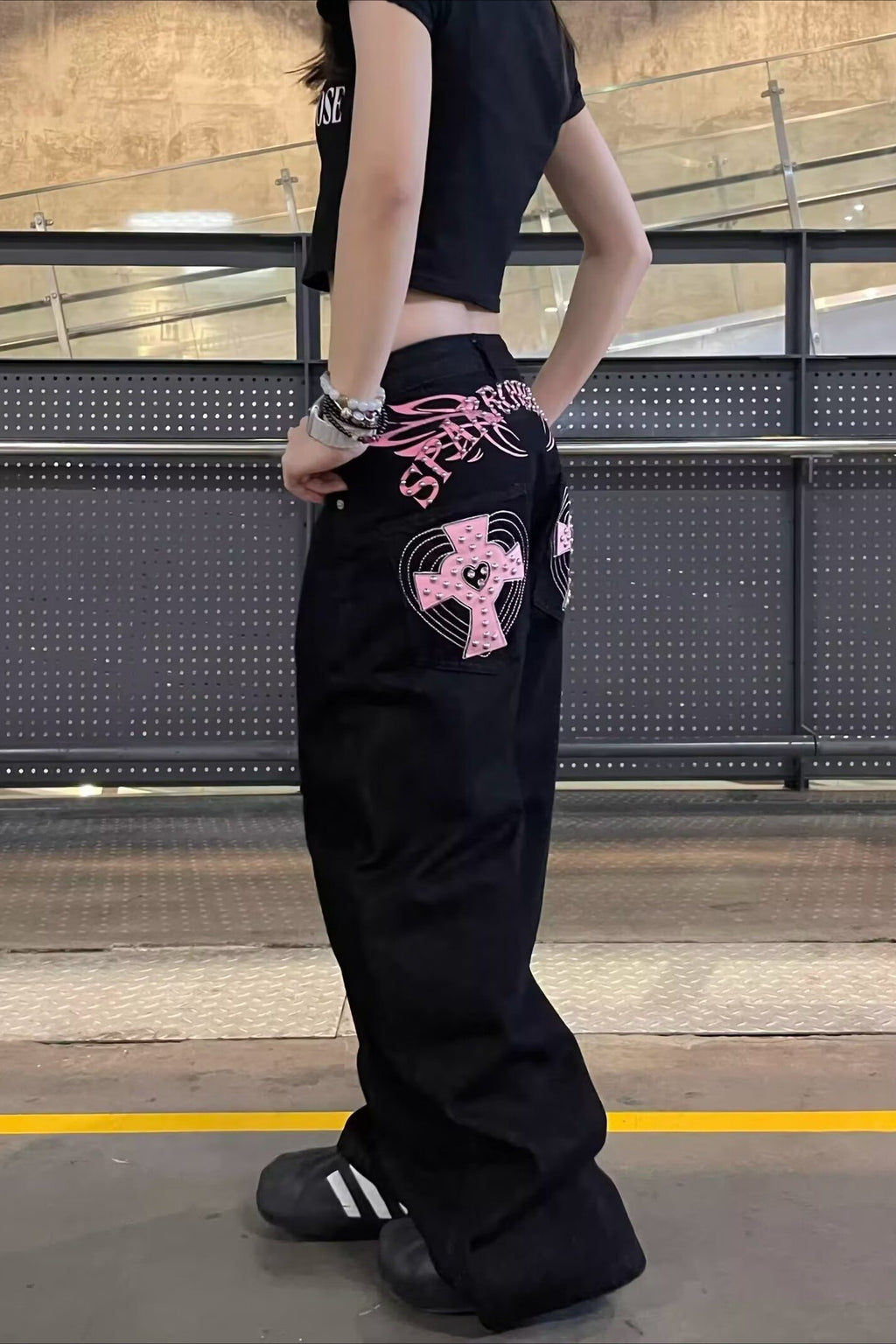 Pink Cross Rhinestone Wide Leg Jeans
