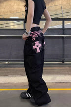 Pink Cross Rhinestone Wide Leg Jeans