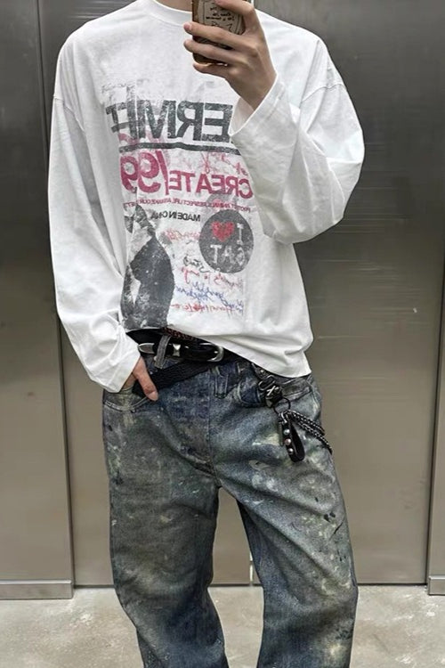 American Style Cat Print Long Sleeve Knit Top Main image