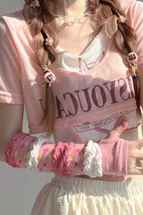 Y2K Pink Polka Dot Cute Gloves