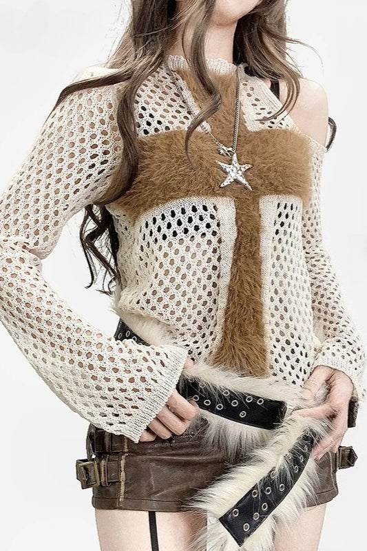 Goth Punk Fuzzy Cross Knit Top Main image