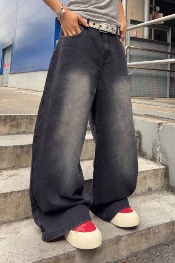 Spiderweb Graphic Washed Wide Leg Jeans