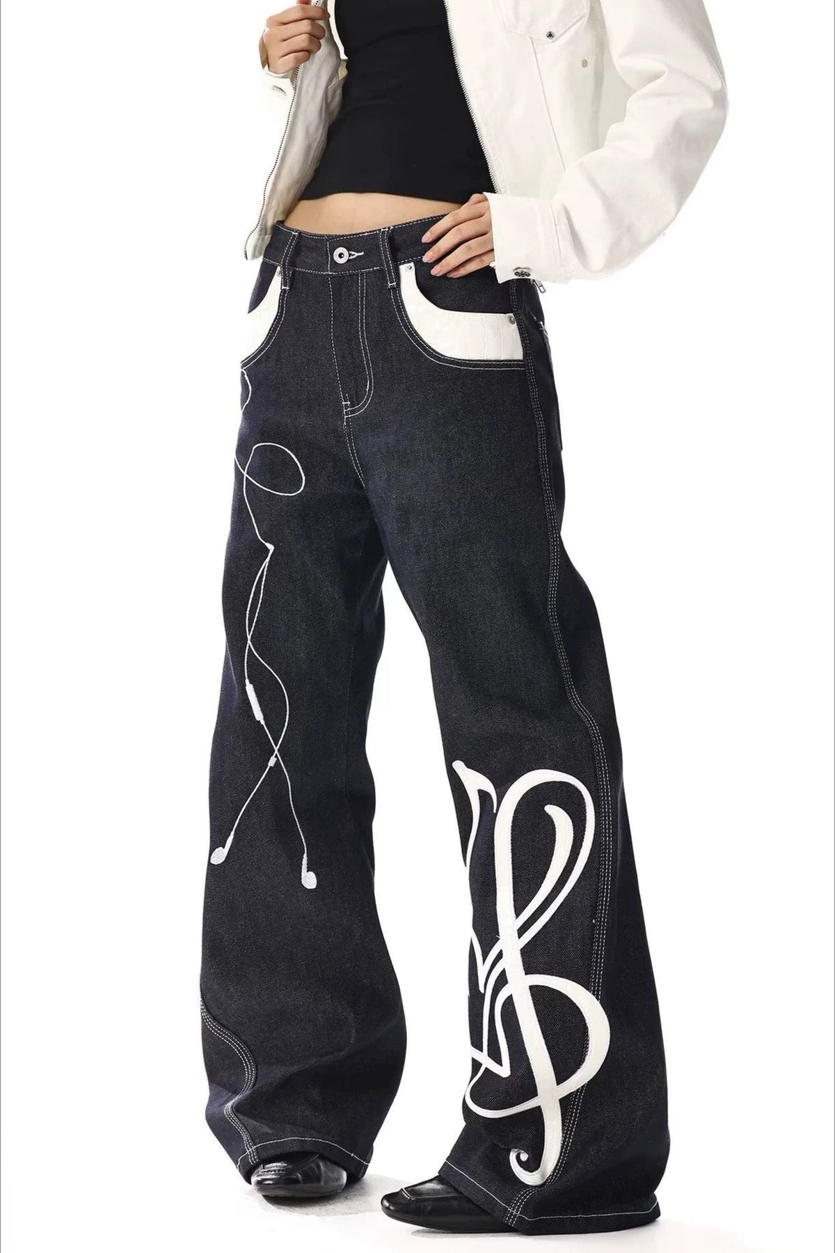Music Note Contrast Stitch Pants