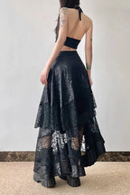 High Waist Asymmetric Lace Sheer Skirt
