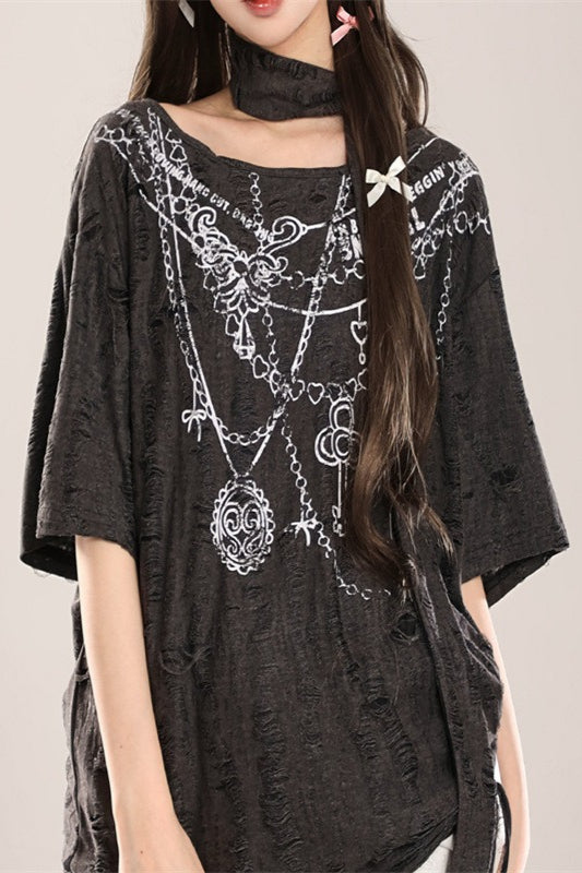 Wasteland Cutout Shoulder Distressed Lace-Up T-shirt Secondary image