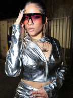 Futuristic Metallic PU Stand Collar Coat