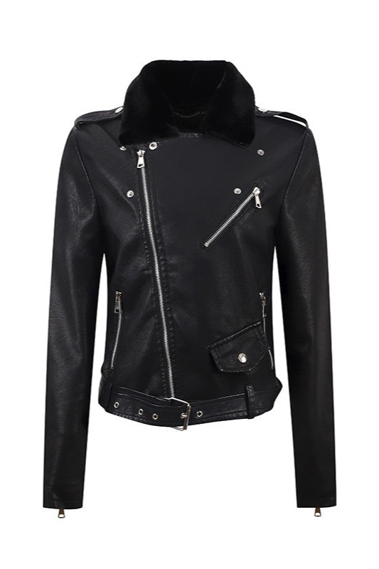 Detachable Fur Collar Slim-fit Biker Leather Jacket Main image