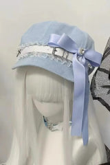 Y2K Sweet Cool Lace Stitch Denim Military Painter Hat