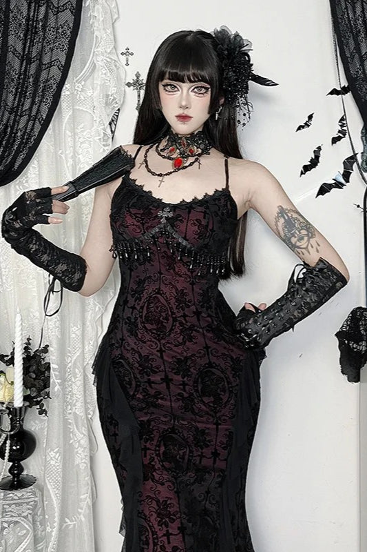 French Palace Dark Gothic Flocking Spaghetti Strap Maxi Dress Secondary image