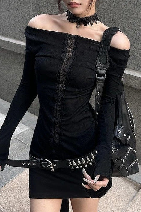 Dark Black Lace Patchwork Cutout Crew Neck T-shirt