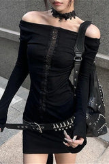 Dark Black Lace Patchwork Cutout Crew Neck T-shirt
