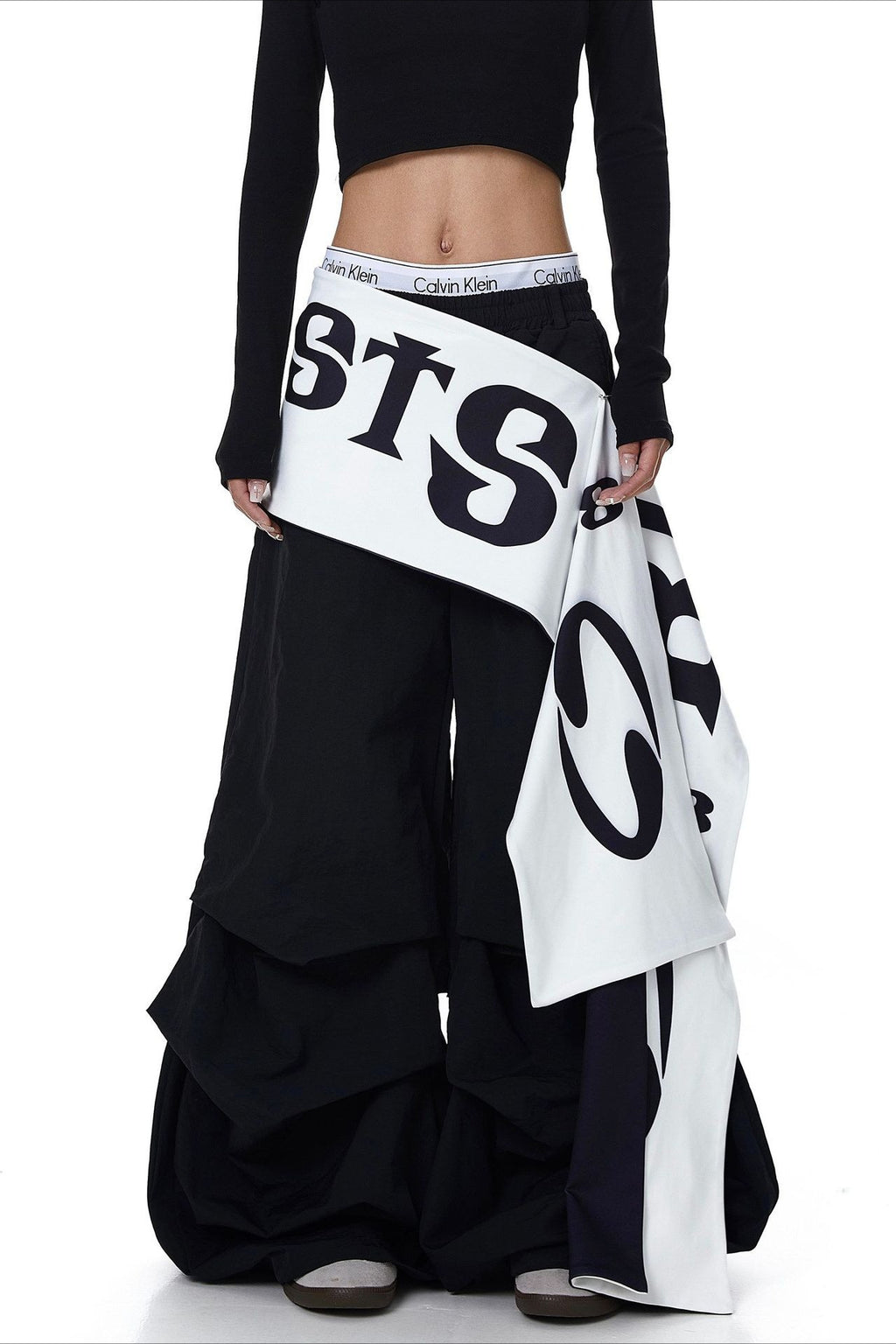 Layered Letter Print Parachute Pants